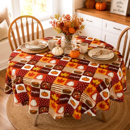 Fall Round Tablecloth 60x60 Inch Thanksgiving Pumpkin Decor with Variation Red Brown Yellow
