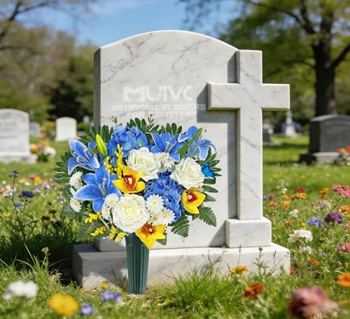 Artificial Cemetery Flowers for Grave Decorations - Realistic Rose Daisy Lily Cymbidium Sympathy Bouquet