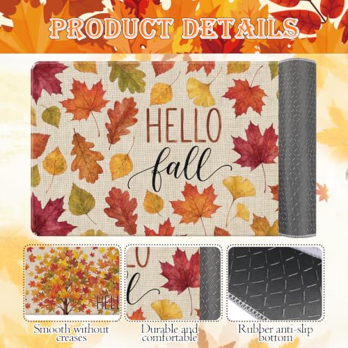 Hello Fall Kitchen Mats Set of 2 - Autumn Maple Leaf Tree Rugs, Var: Autumn Maple