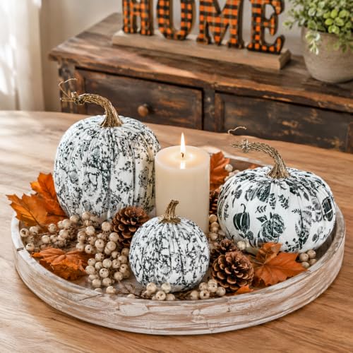 Set of 3 Velvet Fake Pumpkins - Black and White Fall Decor for Home Indoor