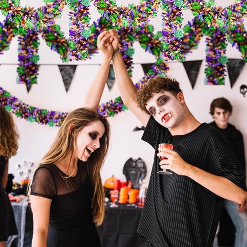 Halloween Spider Web Tinsel Garlands Set - 4 Pieces, 26.4 FT Total, Black Orange Purple Green Fringe Decorations