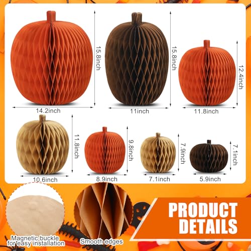 7 Pcs Fall Pumpkin Honeycomb Centerpieces - 3D Paper Decorations for Autumn & Halloween