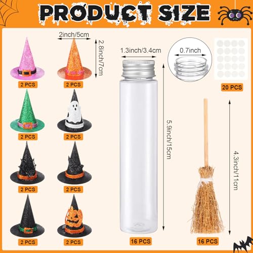 Halloween Candy Tubes Set - 16 Clear 4oz Plastic Containers with Witch Hats & Brooms