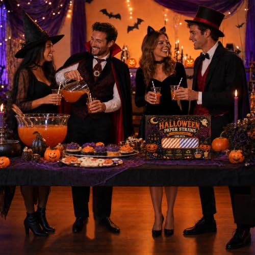 Halloween Paper Straws - Orange & Purple Stripe Party Set - 100 Pieces