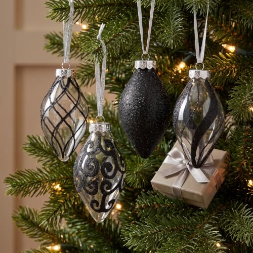 4-Inch Onyx Diamond Finial Assortment - Black Teardrop Christmas Ornaments Set