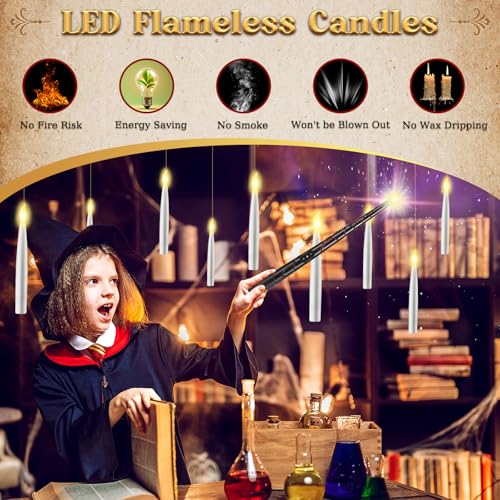 Floating LED Candles with Wand & Clips - Flameless Magic Hanging Decor, 12 Pack