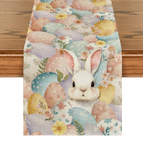 Easter Bunny Eggs Flower Table Runner 13x36 Inch Seasonal Spring Kitchen Decor
