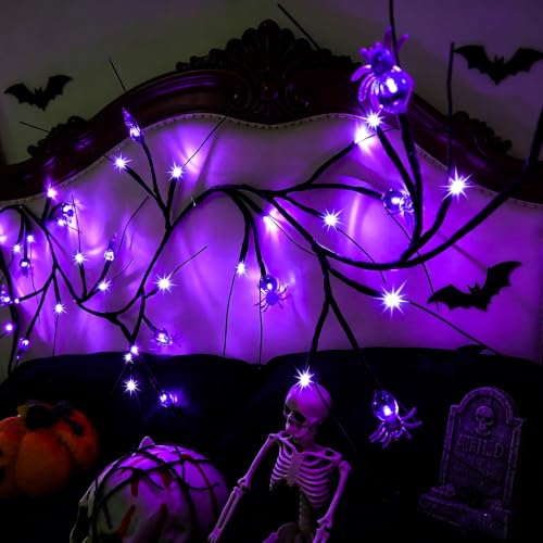 Halloween Spider Willow Vine Lights - 54 LED Purple Decor with Spider - Light with Spider Variation