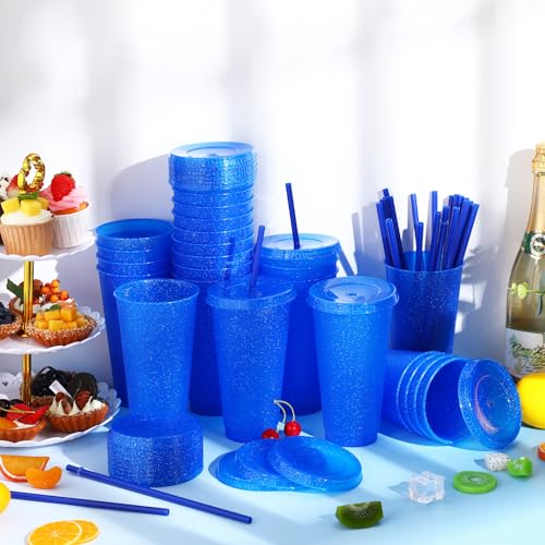 Dark Blue Reusable Plastic Halloween Cups with Lids & Straws - 24 oz Bulk Party Drinkware