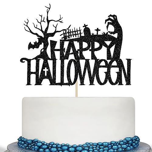 Halloween Cake Topper Black Glitter Spooky Haunted House Decor for Birthday & Party
