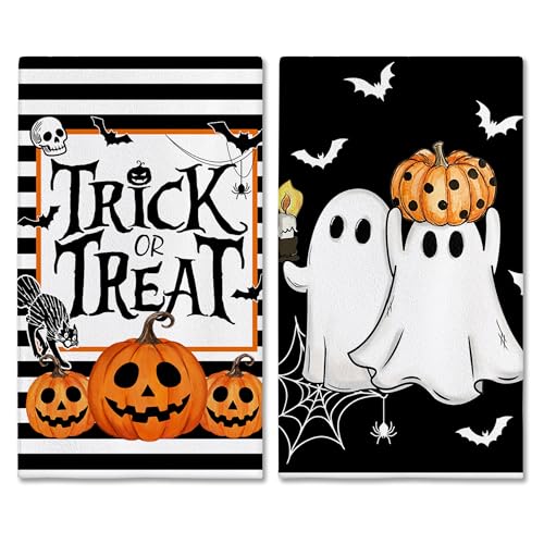 Hexagram Halloween Kitchen Towels Set of 2 - Black Stripe Ghost Design, 18x28 Inches
