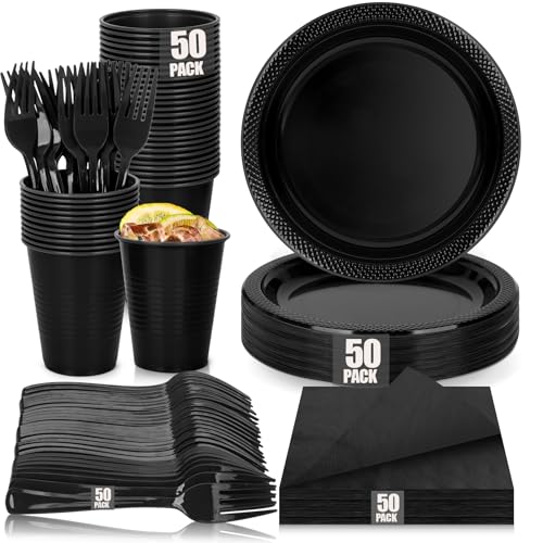 Black Plastic Party Plate Set 200pcs Dinner Plates Cups Napkins Cutlery Disposable