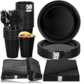 Black Plastic Party Plate Set 200pcs Dinner Plates Cups Napkins Cutlery Disposable