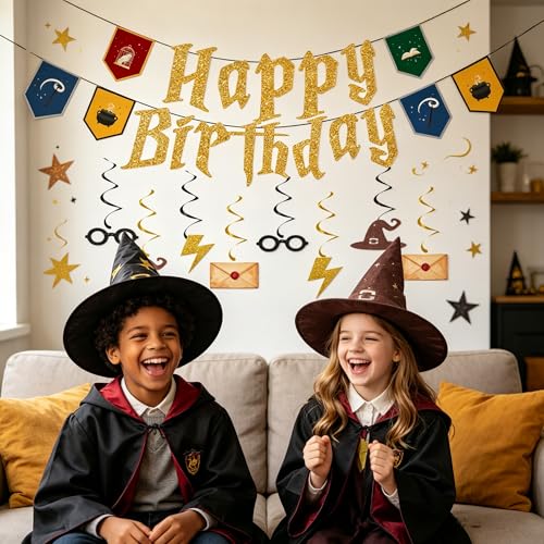 Gold Wizard Birthday Party Decorations Set - Magic Banner & Hanging Swirls