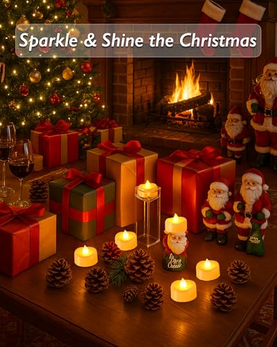Battery Operated Flickering Tea Lights with Timer - Ring Edge, Warm Yellow Glow, Ivory Base, 12 Pack