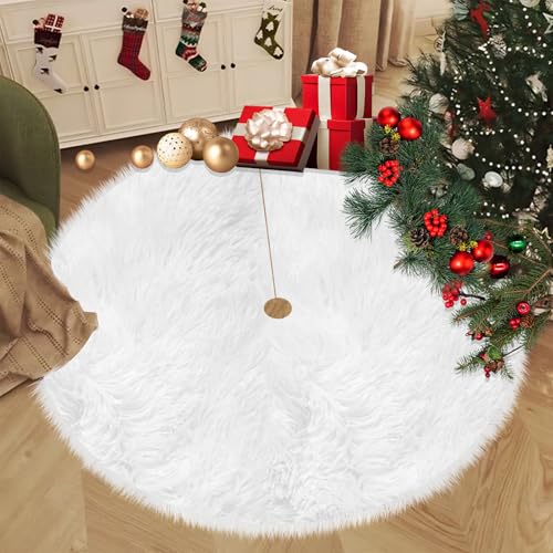 48 Inch White Faux Fur Christmas Tree Skirt for 7.5-9 Ft Trees - Holiday Decor