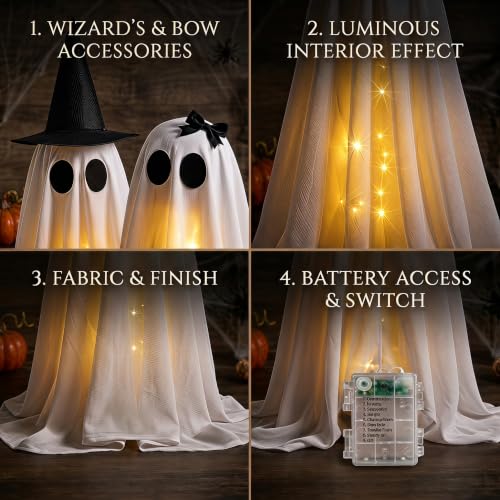Light Up Halloween Ghost Decor Set - 2 Standing Ghosts with Witch Hat & Lights