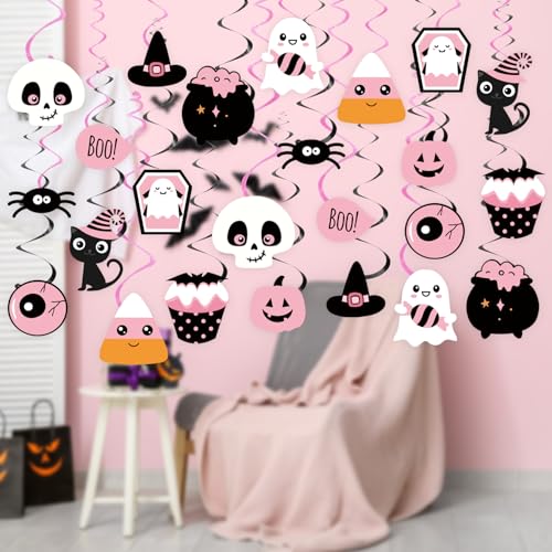 Pink Halloween Party Decorations 49Pcs Spooky Bats Ghost Pumpkins Banners & Swirls