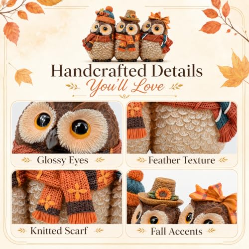 Autumn Owl Figurines Set - Fall Harvest Decor for Thanksgiving & Halloween