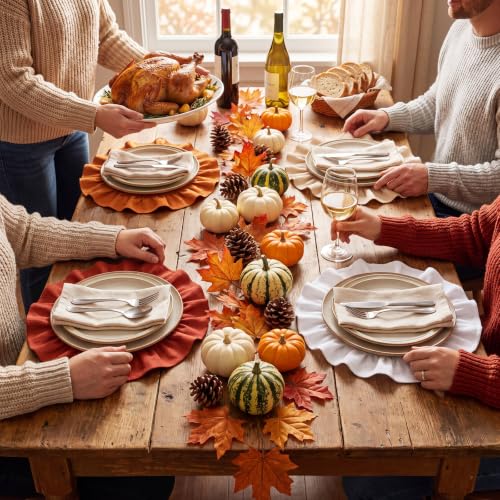 Orange Beige Round Fall Placemats Set of 6 - 15 Inch Ruffled Fabric Table Decor