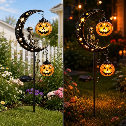 Solar Halloween Black Cat & Pumpkin Moon Garden Stake Light - Style C