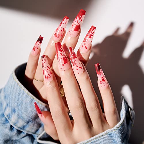 Red Halloween Fake Nails Long Acrylic Coffin Tips with Blood Drip Design - 24Pcs