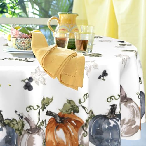 Yellow Hello Fall Watercolor Pumpkin Round Tablecloth 60 Inch Waterproof Autumn Decor