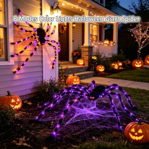 Giant Spider Halloween Decorations Set - Light-Up 4.9ft Spiders with 8 Modes, Indoor & Outdoor