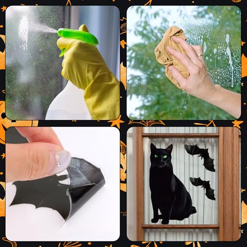 Halloween Window Clings Decor Set - 6 Sheets with Black Cats Bats Spider Webs