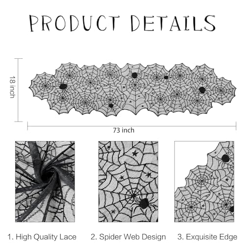 Black Lace Spiderweb Table Runner 18x73 Inch - Halloween Decor, Elegant Centerpiece