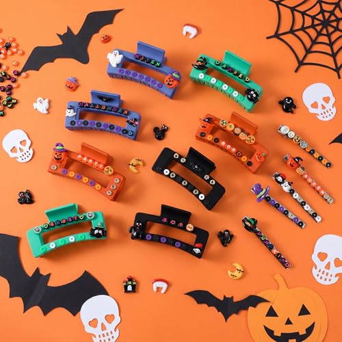 Halloween Colorful DIY Hair Claw Clips Set with Pumpkin Bat Ghost - 8 Pieces - Halloween / Colorful
