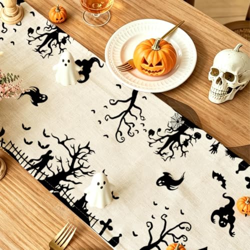 Halloween Table Runner 13x72 Inch Spooky Black Linen Decor for Home
