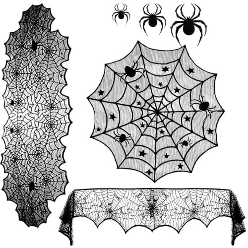 Heyigrow 15 Pcs Spider Web Halloween Decorations Set - Black Lace Cobweb Table Runner