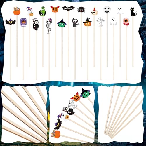 Halloween Wooden Coffee Stirrers - 100 Pcs, 7 Inch Disposable Stir Sticks with Vibrant Patterns