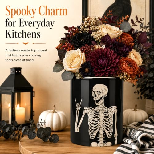 Skull Ceramic Kitchen Utensil Holder - Edgy Skull Design for Countertop, Rustic Farmhouse Decor