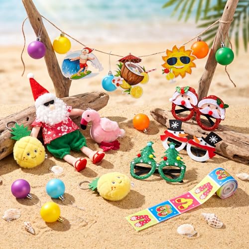 Summer Christmas Tree Ornaments Set - Tropical Hibiscus Pineapple Flamingo & Ice Cream Decorations - Summer Christmas Variation