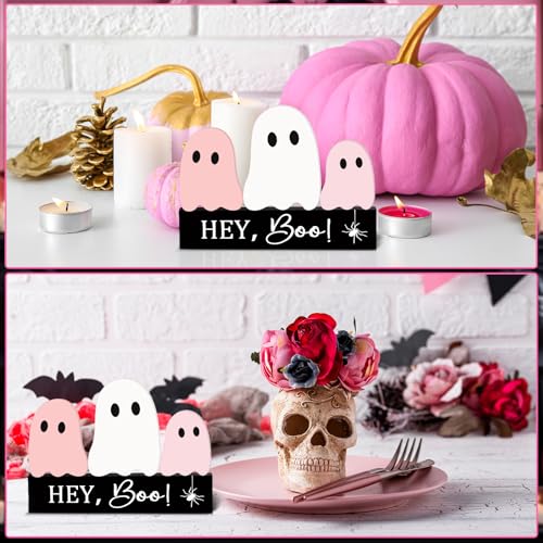 Pink Halloween Ghost Decor Set - Cute Wooden Signs for Tiered Tray & Table Display