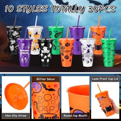 30 Pack Halloween Plastic Cups with Lids & Straws - 24 oz Ghost Design