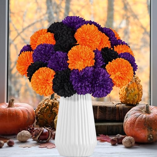 Halloween Artificial Flower Bouquet 36 Pcs Velvet Silk Chrysanthemums in Black Orange Purple with Stems — Halloween Party & Home Decor