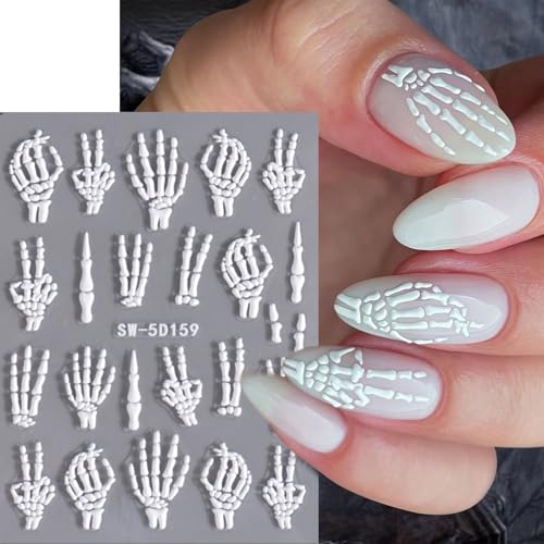 Halloween Nail Stickers 5D Embossed Skull Rose Skeleton Hand Ribs Decor - Rose Skull Variation