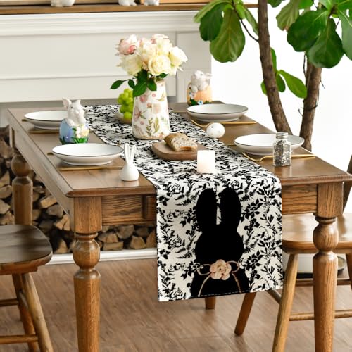 Black Bunny Rabbit Easter Table Runner 13x90 Inch Seasonal Kitchen Decor