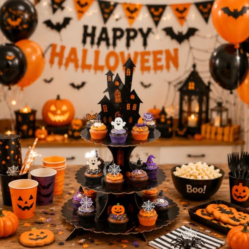 Halloween 3 Tier Cupcake Stand - Haunted Castle Design for Party Decor - Black