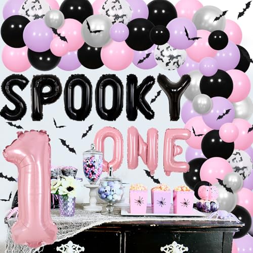 Halloween 1st Birthday Party Decorations Pink and Purple Balloons Banner Cake Topper Wall Stickers