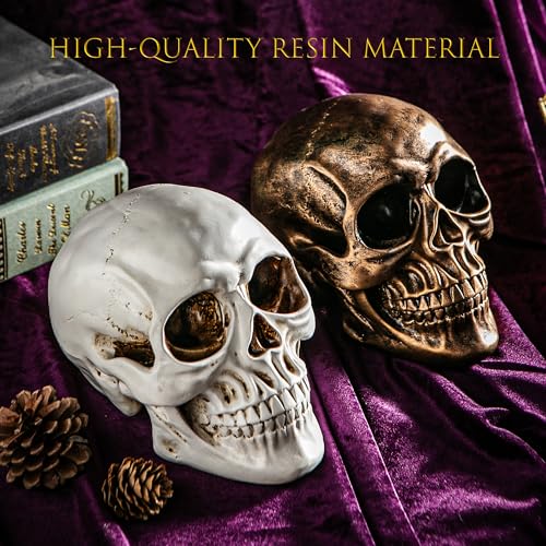 Halloween Skull Statues Set of 2 - Resin Skeleton Heads for Indoor Decor, Gold & White, 7.7 Inch