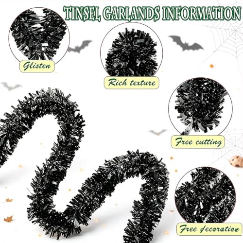 Black 33Ft Christmas Tinsel Garland Metallic Twist Decor for Indoor Outdoor Holiday