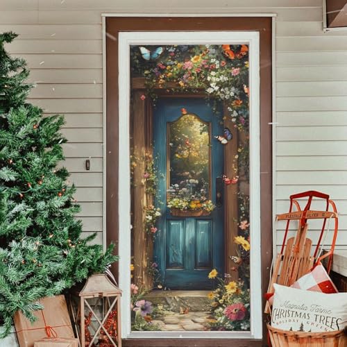 Spring Flower Wood Door Cover - Stretch Fabric Porch Decoration 35x79 in - Spring Flowers Variation