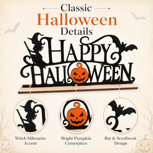 Halloween Wooden Sign Decor - Spooky Jack-o-Lantern Witch Bat Indoor Ornament