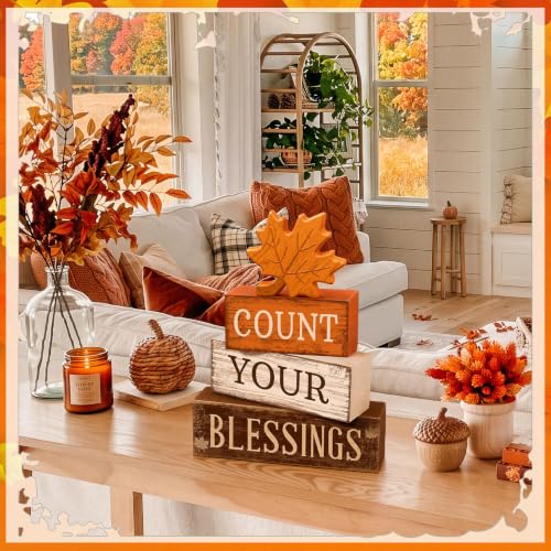 Count Your Blessings Fall Wooden Block Set - Rustic Maple Leaf Decor
