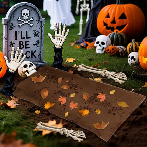 Halloween Graveyard Mound Cover Set - Brown Burlap Haunted Cemetery Decor, 5.9 x 2.3 ft, 2-Pack with Stakes