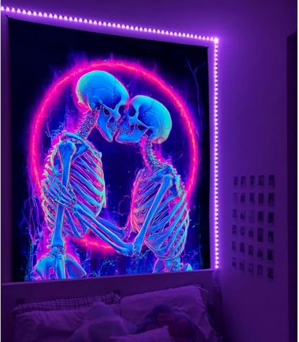 UV Reactive Skull Tapestry - Kissing Lovers Neon Wall Hanging 59" x 51"